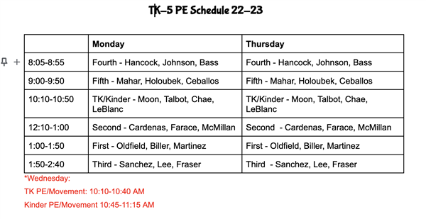 TK-5 PE Schedule 22-23